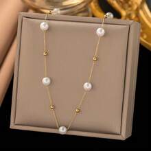 1 Fashionable, Luxurious And Elegant Imitation Pearl Necklace, High-Quality Strong Light Pearls, Small Gold Beads Embellishment, Elegant High-End Necklace, Suitable For Banquets, Daily Gatherings, Holiday Parties, Travel, Wearing, Holiday Gifts
