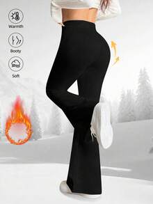 女士超柔软高腰喇叭裤，带保暖内衬，紧身收腹喇叭裤，纯色提臀加厚打底裤，高弹瑜伽运动阔腿裤，女士运动紧身裤 - 黑色 - 查看 6