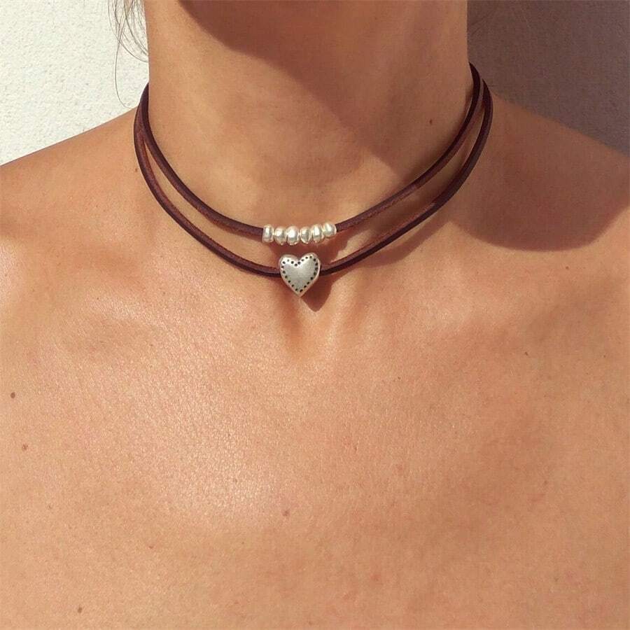 Bohemian Double-Layer Love Clavicle Chain European And American Simple Style Women's Necklace Valentine's Day - 棕色 - 查看 1