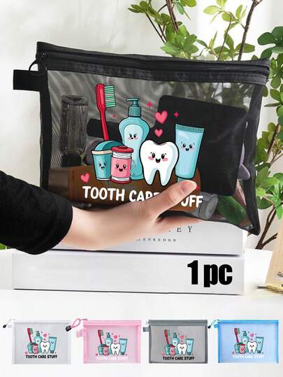 Cartoon Tooth Pattern Storage Bag, Mesh Portable Makeup Bag, Cute Toothbrush "TOOTH CARE STUFF" Letter Printed Makeup Bag, Travel Grooming Makeup Bag; Essential Beach Swimsuit Storage Items For Vacations; Very Suitable For Girlfriends; Foldable Lightweight Makeup Bag, Suitable For Business Travel And Portable Boarding Bags, Makeup Bags, Small Makeup Bag, Cosmetic Bag, Christmas Gifts, Pouch, Clutch / Small Handbag, Makeup Organizer, Pouch, Brush Holder, Mini Pouch, Large Capacity Pouch, Gifts Christmas Gifts, Gift Ideas For Women,Pouch,Makeup Pouch,Travel Essential
