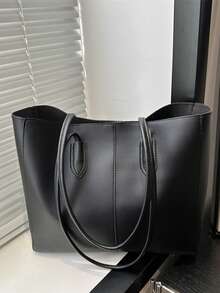 2pcs Women Black Quilted Lining Shoulder Tote Bag, Fashion Large Capacity Combination Handbag With Snap Closure, Casual Street Style For Photography, Daily Commute