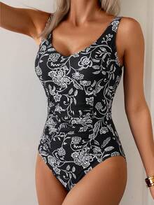 Tummy Control One Piece Swimsuit With Ruched Design - Black White Floral Print - View 8