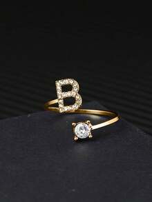 礼盒装 26 字母奢华水钻金色开口戒指，适合女性婚礼订婚派对生日礼物 - 金色 - 查看 43