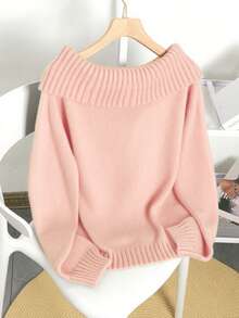 Nuevo suéter de mujer de moda, unicolor, casual, de manga larga, con cuello plegado, sexy, sin tirantes y de diseño de cuello único