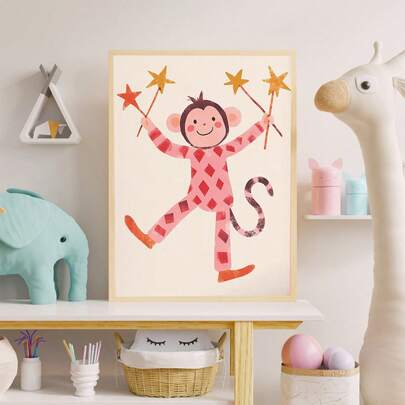 1 件，帆布墙画，带框墙面装饰，育儿室装饰，猴子墙面装饰，儿童房装饰，游戏室动物图案，马戏团主题图案，男孩房海报，可打印游戏室图案，可爱的动物艺术