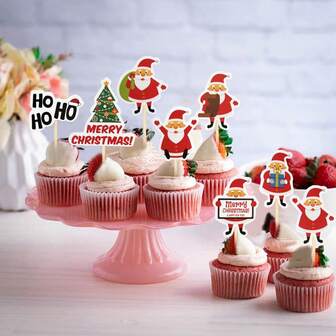 16 piezas Decoraciones navideñas felices para cupcakes - Adornos y palillos para cupcakes con diseños de Papá Noel y árbol de Navidad, suministros para fiestas con tema navideño