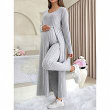2pcs Maternity Casual Set, Includes Long Sleeve V-Neck Cardigan Top And Belly Support Pregnancy Pants, Comfortable And Fashionable For Pregnancy And Nursing Spring - Grey - View 8