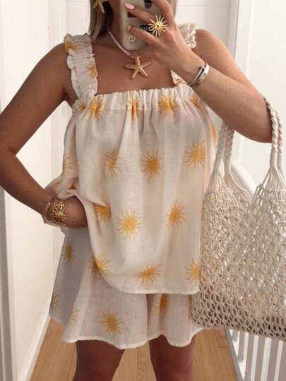 Women's Casual Two-Piece Sleeveless Sun/Heart-Shaped Printed Vest+Shorts Set Casual Wear, Suitable For Dating And Vacationing With Boyfriends, Essential For Holiday Activities, Unique Style, Generous And Beautiful.