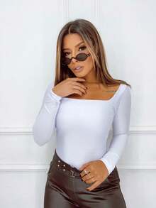 Women's Long Sleeve Square Neckline Suplex Bodysuit Without Pads Autumn Winter Immediate Shipping - 白色無襯裡 - 查看 2