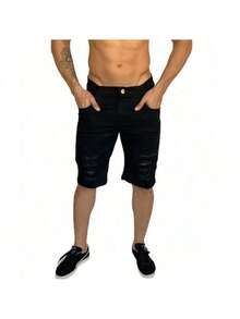 Men's White Ripped Denim Shorts - Negro - Ver 2