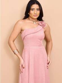 Helena Long Dress Luxury Plain Duna Linen With Slit Flowers One Shoulder - Màu hồng gỉ - Xem 3