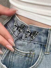 1set Women's Waist Button Extender Set, Butterfly Shaped Waist Extender Button And Small Buckle Pin For Tightening Jeans School - Black - View 7