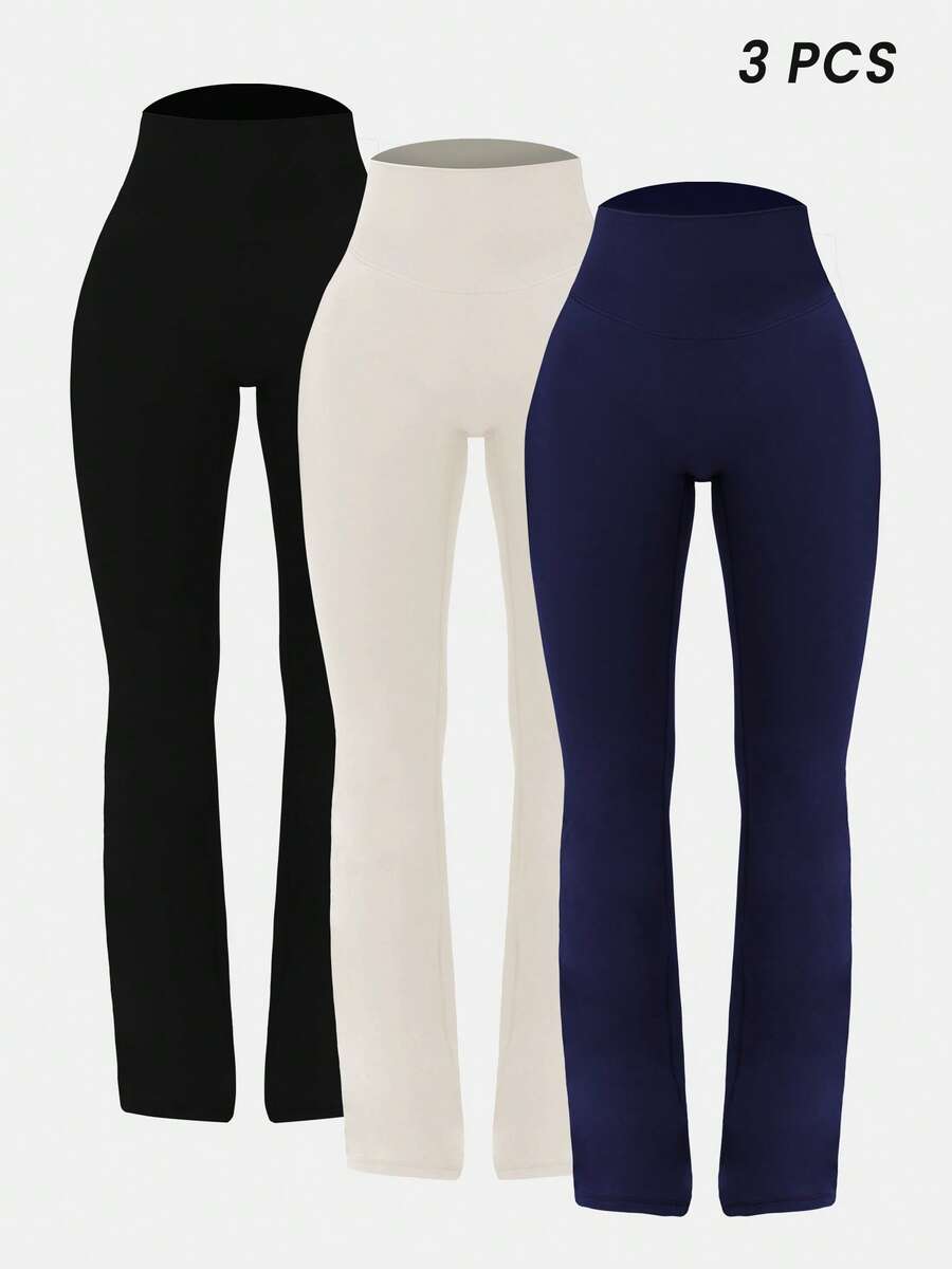 Sodalemon Women Training Fitness 3Pcs Yoga Gym Pants Set Solid Color Butt Liftting Running Casual Sport Flare Pants Tights - Nhiều màu - Xem 1