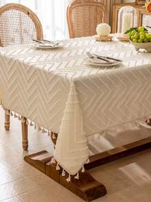 1pc Minimalist Beige Tablecloth, 3D Geometric Wavy Cutout Design With Beige Floral Lace Trim, Washable, Suitable For Dining Table, Dresser, Home Decor, Parties, Holidays, Hotels, Indoor & Outdoor Use, Autumn/Winter