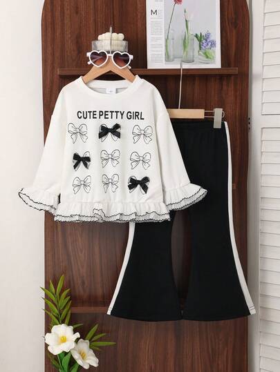 2 piezas Conjunto de top de manga larga con lazo y volantes de letra inglesa casual y pantalones acampanados de tela de punto suave para niñas, adecuado para uso al aire libre, otoño/invierno