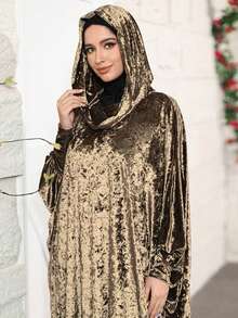 VFJ Muslim Prayer Dress, Solid Color Elegant Turkish Style Middle Eastern Arabic Ladies' Long Robe, Gold & Brick Red Wool Hooded Robe, With Storage Bag Included