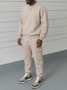 新款男士纯色休闲运动服套装简约日常通勤秋冬圆领套装 - 卡其色 - 查看 3