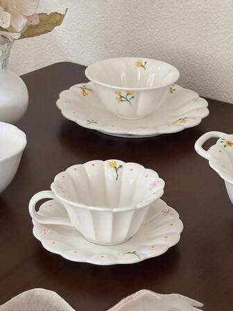 1pc Hand-Painted Ditsy Floral Tableware Plate & Bowl, Delicate Flower Plate, Home Dining Bowl, Plate, Coffee Cup & Saucer, Small Yellow Flower Tableware