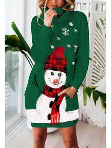 Pink Queen Ugly Christmas Sweater Dresses For Women Oversized Loose Fit Knit Dress With Pocket - 墨綠色 - 查看 4