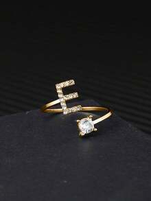 礼盒装 26 字母奢华水钻金色开口戒指，适合女性婚礼订婚派对生日礼物 - 金色 - 查看 16