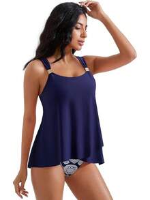 High Waisted Ruffle Tankini Swimsuit Plus Size Tummy Control - Navy Blue - View 8
