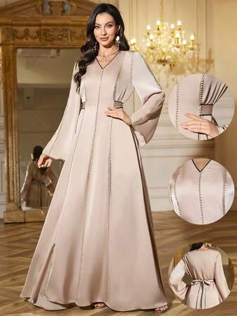 女式 V 领长袖及地长款 A 字形连衣裙（配有可拆卸腰带）