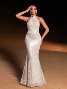 Faeriesty 奢华美人鱼亮片晚礼服，颈后饰有缎带蝴蝶结，裙摆飘逸——是红毯婚礼、优雅盛会、精致舞会和高端晚宴聚会等女士正式场合的理想之选。 - 杏色 - 查看 4