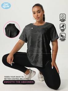 Camiseta de manga corta de verano en color negro con estampado jacquard para mujer talla grande, de estilo casual, yoga, running y deportes al aire libre - Negro - Ver 4