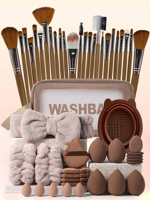 50 Stücke Braunes Professionelles Make-up Werkzeug Set, Großes Kapazität Make-up Tasche Set, enthält: 1 Stück Make-up Tasche, 25 Stücke Make-up Pinsel, 1 Stück Stirnband, 2 Stücke Armbänder, 5 Stücke Wassertropfen Make-up Schwämme, 5 Stücke Dreieck Puder Puffs, 5 Stücke Mini Wassertropfen Make-up Schwämme, 5 Stücke Mini Finger Make-up Puffs, 1 Stück Reinigungswerkzeug, geeignet für flüssiges Make-up, Puder und Concealer, Reise Make-up Pinsel Set geeignet für Frauen und Mädchen.