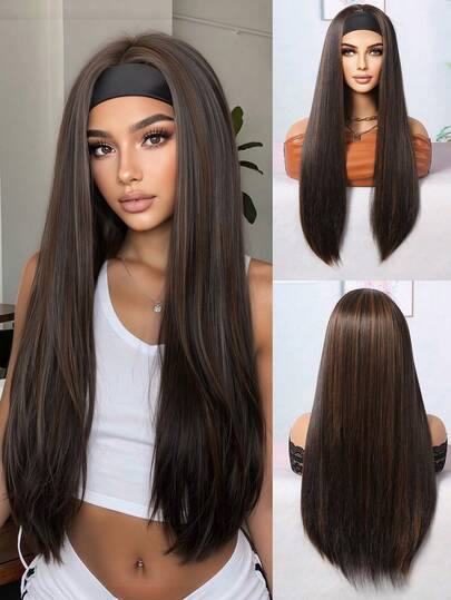 Peluca con diadema de 26 pulgadas de largo, recta y de color marrón para mujeres, hermosa, sexy, suave y resistente al calor, de fibra sintética para uso diario y de fiesta