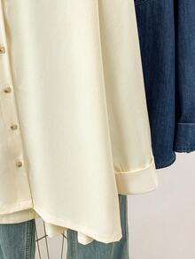 女士纯色长袖衬衫，适合秋季、冬季和春季穿着 - 杏色 - 查看 8