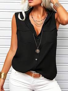Women's Shirt Lapel Sleeveless Shirt Is Suitable For Home And Out, Versatile Shirt - màu đen - Xem 3