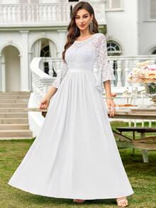 MIUSOL 亮片花卉蕾丝喇叭袖撞色雪纺荷叶边下摆正式派对礼服，优雅半正式女士礼服，适合婚礼宾客、毕业典礼、宴会等场合 白色 - 白色 - 查看 7