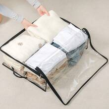 2pcs (1pc Hanger Storage Bag + 1pc Blanket Storage Bag), Transparent With Black Trim Wardrobe Storage Organizer Bags, Multi-Functional Storage Set For Hanging Clothes, Blankets, Garment Organization, Keep Your Closet Neat