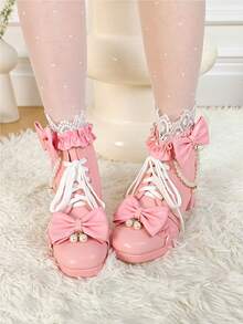 Platform Sweet Bow  Ankle Boots For Women Lace Goth Chunky Mid Heel Boots With Pearl Comfort Lace Up Princess Booties - 粉色 - 查看 6