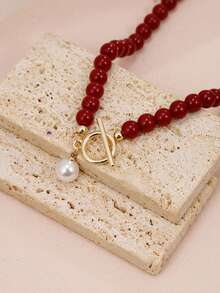 1pc Minimalist Vintage Red Agate Natural Stone Bead And Gold Bead Necklace,Faux Pearl OT Clasp Elegant Choker Necklace,Suitable For Daily And Party Accessory, Fashionable Jewelry, Best Friend Gift