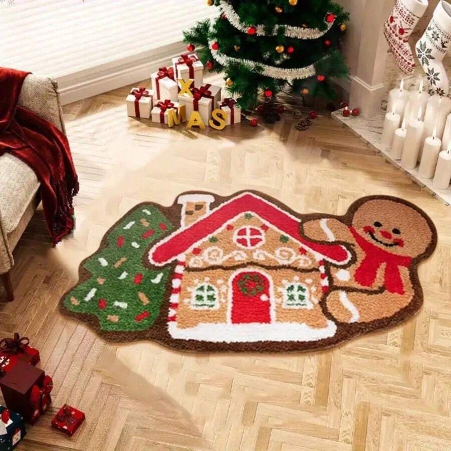 Thảm trang trí hình người bánh gừng và cây thông Noel, chống trượt, mềm mại, có thể giặt máy, hình bầu dục, thích hợp cho phòng khách, phòng ngủ và lối vào, thảm chùi chân nhà bếp dịp Giáng sinh.