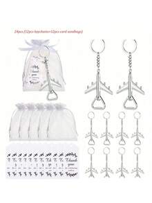 24 件飞机开瓶器钥匙扣，附赠沙袋、绳子和感谢卡，适合显示性别、派对偏好、生日派对、送礼、情人节、厨房和酒吧用品、派对礼物