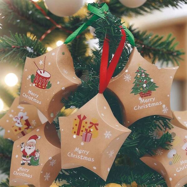 16 Pack Christmas Tree Star Ornament Boxes - Paper & PVC Reusable Hanging Decorations With Twine, Festive Cartoon Designs (Santa, Reindeer, Snowflakes) For Holiday Tree, Gifts & Home Decor