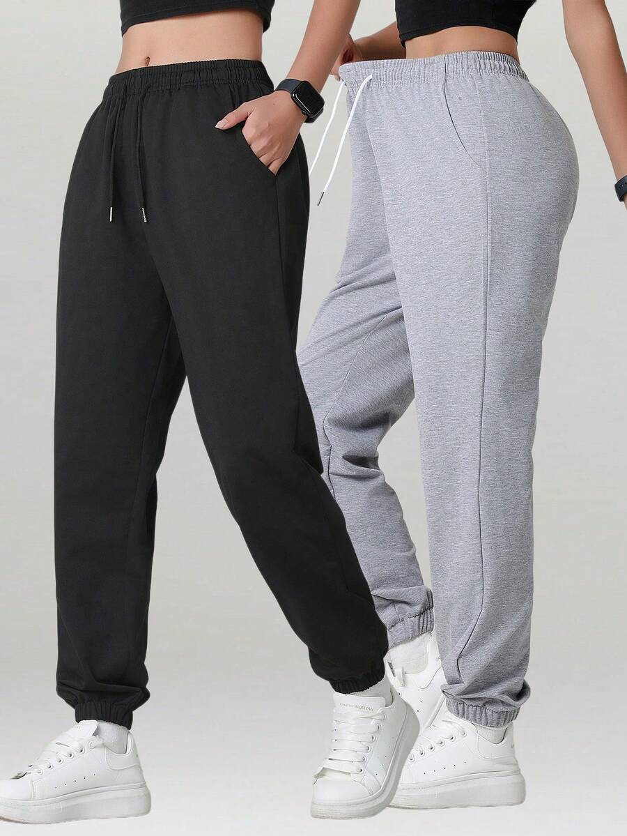 2pcs Women's Solid Color Casual Pants With Pockets, Versatile For Daily, Hiking, Running, Cycling, Walking, Jogging Spring Sports - Grey - View 1