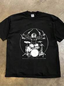 2025 New Streetwear Unisexs Harajuku Rock Print Oversized T-Shirt Gothic Casual Cotton Long SLeesved Short SLeesved Top - 黑色 - 查看 1