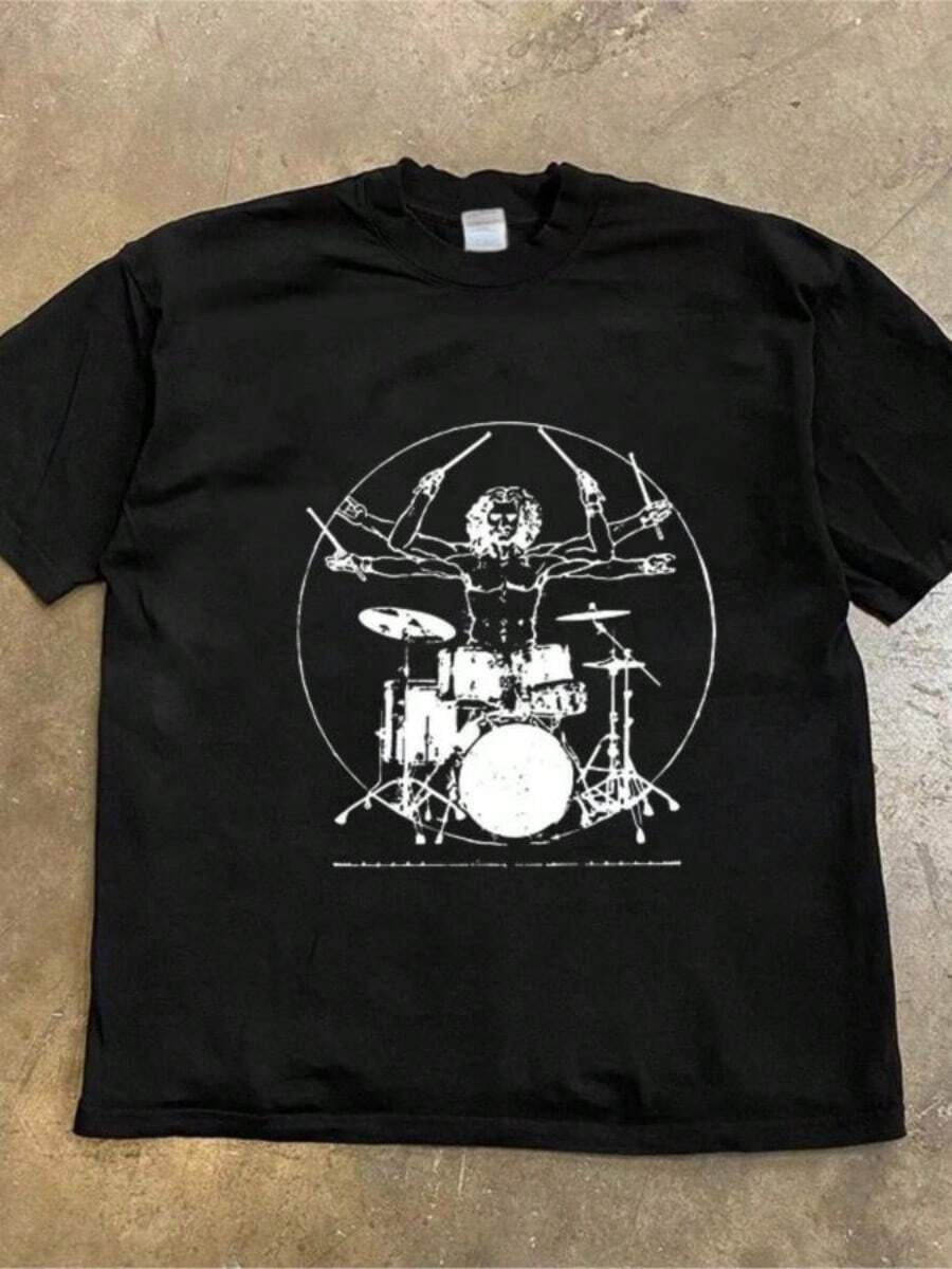 2025 New Streetwear Unisexs Harajuku Rock Print Oversized T-Shirt Gothic Casual Cotton Long SLeesved Short SLeesved Top - 黑色 - 查看 1