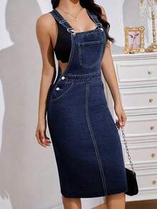 Women's Casual Denim Pinafore Dress With Pockets