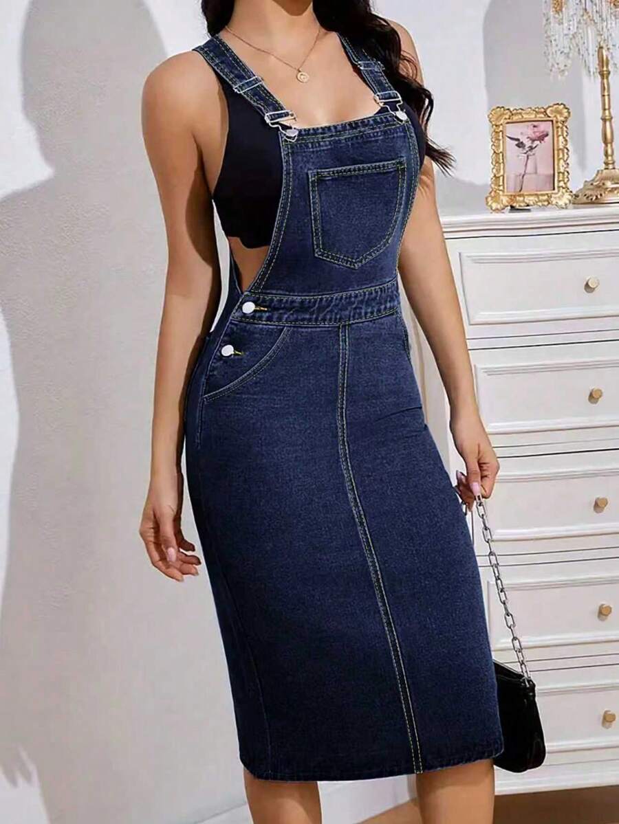 Women's Casual Denim Pinafore Dress With Pockets