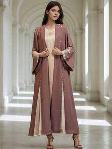 BEAUTY AMINAH 4078 Áo khoác cardigan dài hở trước đính hạt màu nâu + tay áo mỏng, áo khoác ngoài xếp nếp - Màu nâu - Xem 3