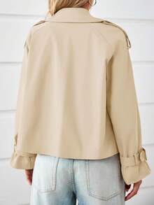 Womens Oversized Cropped Trench Coat Double Breasted Lapel Long Sleeve Short Jacket Outwear - Apricot - View 5