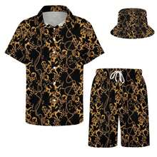Mens Hawaiian Shirts And Shorts Set 2 Pieces Tropical Outfit Flower Print Button Down Beach Suit With Bucket Hats Mens Shirts Graphic - Hoa văn trang trí màu đen và vàng - Xem 1