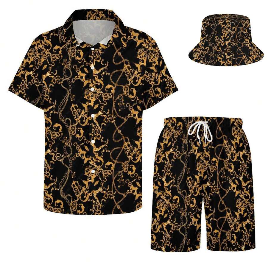 Mens Hawaiian Shirts And Shorts Set 2 Pieces Tropical Outfit Flower Print Button Down Beach Suit With Bucket Hats Mens Shirts Graphic - Hoa văn trang trí màu đen và vàng - Xem 1