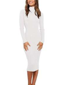 Ribbed Sweater Dress Slim Fit Midi Dresshalloween - 白色 - 查看 1