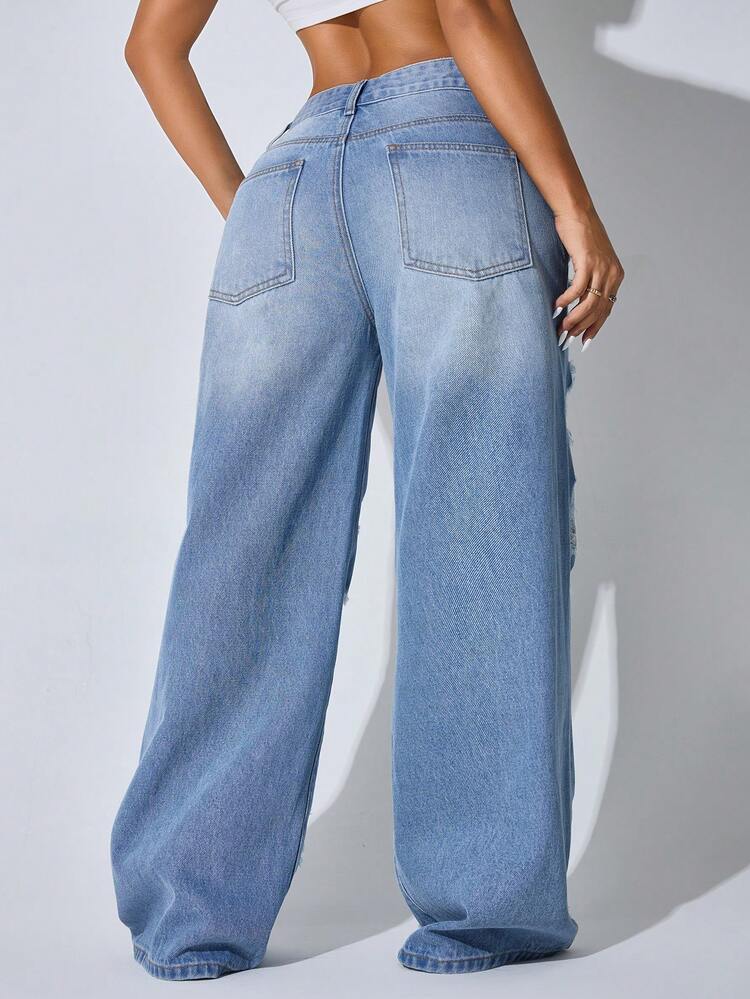 Calça Denim Feminina Casual de Cintura Baixa, Perna Larga, Azul Desgastada, Bolso Diagonal, Bainha Curva, Ideal para Férias de Verão e Primavera - Azul - Visão 2